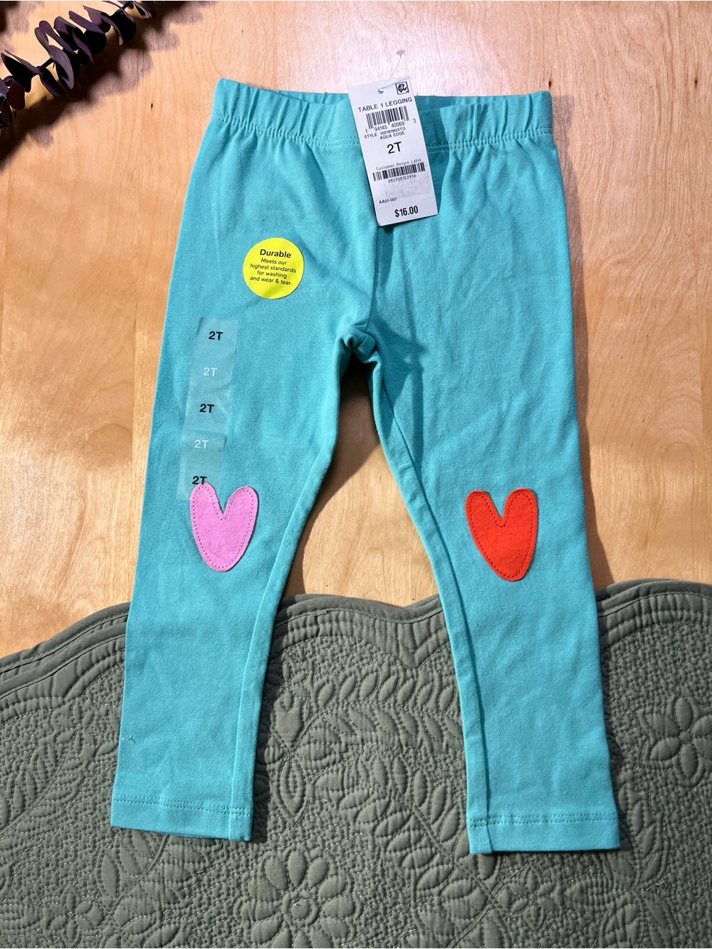 Epic Threads Teal Leggings with Pink and Red Heart Patches Size 2T Cute